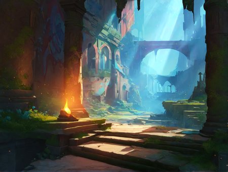 no humans, General, ririko \(fhnngririko\), dynamic angle, natlan, landscape, fantasy, scenery, ruins, pillar, column, plant, statue, stairs, indoors, light rays, moss, torch, arch, overgrown, masterpiece, best quality, absurdres, highres