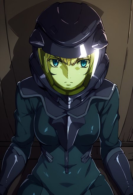 score_9, score_8_up, score_7_up, at room. Indoor,,night view, moonlight,female,,louise halevy, pilot helmet, pilotsuit, gauntlet,blue eyes,sitting,solo