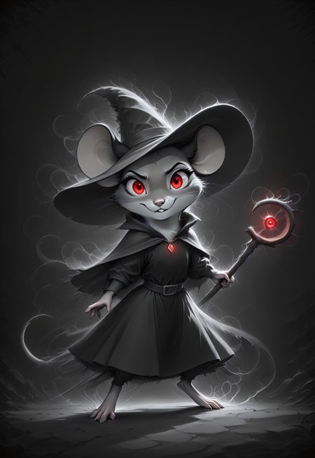masterpiece,best quality,amazing quality, m0use_istyle, mad-wsps, inktapestry, greyscale, monochrome, (toon:0.7), mouse, 1girl, grey fur, red eyes, black ears, black dress, witch's hat, (holding magical staff:1.1), dark, night, (dark aura:1.2), looking at viewer, action pose, evil expression, glowing eyes, dark background, standing, 