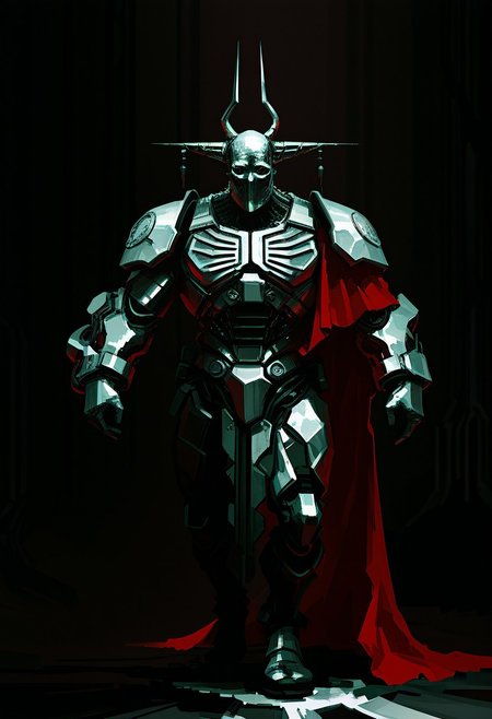 HDR, 8K, high contrast, masterpiece,best quality, amazing quality, very aesthetic,high resolution,  
masterpiece, best quality, good quality, very awa, very aesthetic, magic realism, psychedelic, newest,
sketch painting, (digital art:1.3), (concept art:1.2),  
An ultrarealistic photograph of an enormous minimalist futuristic full body power suit, without lights, made of white metal and polymer, full crystal hull, for a muscular man, imposing, modern minimalism, elegant, dystopia, mysterious, godlike, scary, in a dark room, with a red cape, 8k. Add more details.
<lora:add-detail-xl:1.5> 
<lora:Void_Spectrum-000008:1>