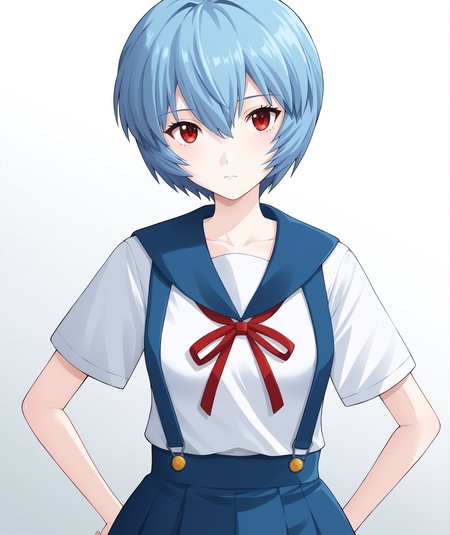 score_9, score_8_up, score_7_up, score_6_up, score_5_up, score_4_up, BREAK, source_anime, best quality, masterpiece, 2d, intricate details, official style, anime, 4k, anime style,
smoothnip, 1girl, solo, <lora:Smooth_Pony:1>,
SchoolRei, blue hair, short hair, bangs, red eyes, eyelashes, breasts, small breasts, hair between eyes, expressionless, skirt, shirt, ribbon, school uniform, collarbone, white shirt, short sleeves, sailor collar, red ribbon, blue skirt, neck ribbon, suspenders, suspender skirt, pinafore dress, tokyo-3 middle school uniform, ayanami rei, 
looking at viewer, white background, simple background, gradient background, <lora:add_details_xl:0.4>, <lora:Rei_XL:1>