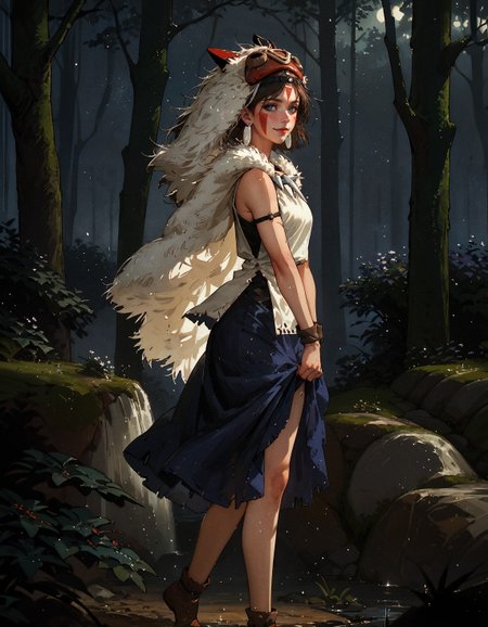 score_9, score_8_up, score_7_up, score_6_up, score_5_up, score_4_up,   san, 1girl, full body, standing, side view, solo, short hair, brown hair, gray eyes, headband, face paint, earrings, white sleeveless top, navy under dress, arm cuffs, fur headdress, fur cape, light-skinned female, female focus, looking at viewer, smiling, forest, (blush:1.1)