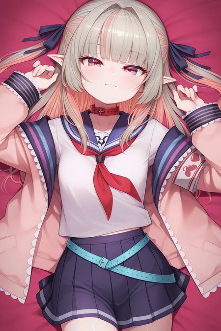 1girl,
MakaiNoRirimuNijisanji, MakaiNoRirimu4thCostume,
general, solo, half body,
grey hair, two side up, long hair, eyelashes,
no hair ornament,
red collar, pink cardigan, blue sailor collar, red neckerchief, 
serafuku, blue skirt,
looking at viewer, 
depth of field,
<lora:kp_MakaiNoRirimuNijisanjiIllustrious_v1_0:1.0>,
masterpiece, best quality, amazing quality