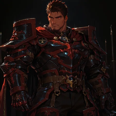 <lora:Orion__Alchemist_Code-000004:.7>, tagatameorion, orion_brunette, orion_red eyes, 1boy, spiked hair, goatee, solo, male focus, manly, mature male, bara, muscular male, cape, armor, breastplate, gauntlets, boots, belt, demon (symbol)
{upper body|cowboy shot}, 
(very short hair), male focus, muscular male, large pectorals, muscular male, bara, mature, (hairy body, hairy, body hair, arm hair, leg hair, hairy body, glossy skin, bara, mature, facial hair, beard, full beard, sideburn, mustache, stubble), facial hair, bara, mature, body hair, aixiwuganda_(20222192), very awa, masterpiece, best quality, absurdres, newest, perfect quality, detailed background, intricate details,<lora:slider_Body Type_alpha1.0_rank4_noxattn_last:2><lora:Anime Summer Days 2 Style SDXL_LoRA_Pony Diffusion V6 XL:.6><lora:merged:.7>, DARK, DARK BACKGROUND, LOW-KEY LIGHTING <lora:slider_cfg_scale_boost:.7><lora:Artist6p:.55>, Artist6p, Artist04p,<lora:slider_il_brightness_slider_d1:-.5><lora:slider_il_contrast_slider_d1:-.25>,<lora:slider_contract_controller_illus01_v1:.3>, <lora:addon_illustriousXLv01_stabilizer_v1.121:.5>,<lora:slider_DarkSlider1.2_alpha1.0_rank16_full_300steps:-.2><lora:Heavenly_Beauty_r1:1>, (heavenlybeauty,)<lora:slider_style_strength_controller_illus01_v1:.25>