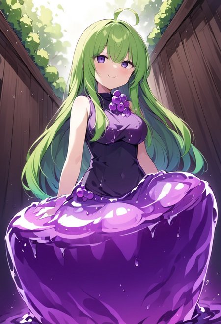 (masterpiece), (score_9, score_8_up, score_7_up,source_anime), 4K8K, best quality, high res image, illustration, Uncorrected, CG, 
(girl view from below. look-up angle:1.3), from side, 
1 woman sitting on a giant grape slime, pretty slime sex, (lot of grape cubes around woman), (hair over breasts, long hair, hair censor:1.4), twinkle grape cube, 
slime, slime like a grape, grape slime, see-through violet slime, 
BREAK
medium breasts, 
(gradient hair, green hair, very long hair, Bangs covered eyes, ahoge, hair over breasts, hair censor), 
(hair blind eyes, half opened eyes, jitome, smile), 
wearing tube top, cube, 
in orchard, fruit orchard, fruits trees,