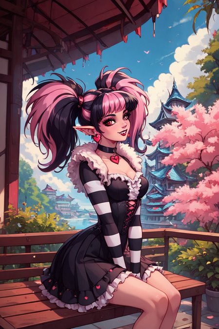 score_9, score_8_up, score_8, medium breasts, (curvy), cute, eyelashes,       BREAK, , zzDraculaura, black hair, twintails, multicolored hair, two-tone hair, streaked hair, long hair, pink hair, pointy ears, vampire, retro artstyle, vampire, 1990s (style),  cleavage, jewelry, heart, earrings, black choker, frills, striped, fur trim, makeup, heart earrings, striped sleeves, black dress, vampire,   <lora:NewDraculaura_PDXL:1.0>,, BREAK, sitting on bench, side view, smile, looking at viewer, cowboy shot,  ,,, BREAK, pnkBldng, sky, day, cloud, tree, blue sky, building, architecture, east asian architecture,  ,,, BREAK, embedding:zPDXL, Expressiveh,  ,,, <lora:PinkBuildingsPDXL_v2:0.6>, <lora:SDXLFaeTastic2400:0.5>, <lora:Expressive_H-000001:0.4>