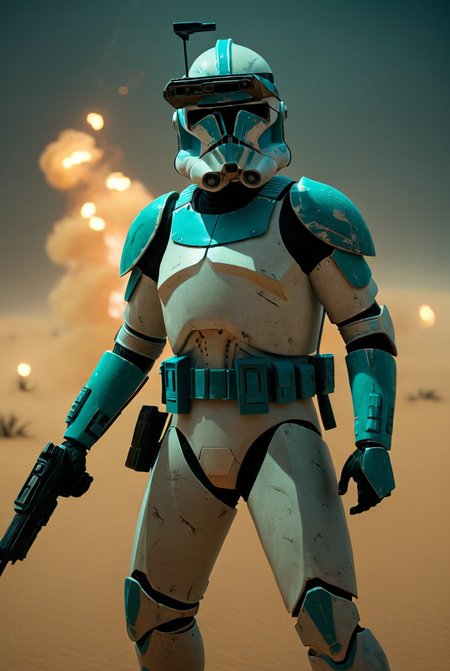 7-Phase2, 1boy, sneaking, dual wielding guns, military, explosions, detailed weapon, shoulder armour, pistols
night time, stars, nebulas, desert, bones, black sand, windy, dust storm, turquoise and black armour
[strong lighting, cinematic masterpiece, highly detailed armour,  realistic armour, legendary, hyperrealism]
  <lora:Clone Armour Phase 2 v1.0:0.9>