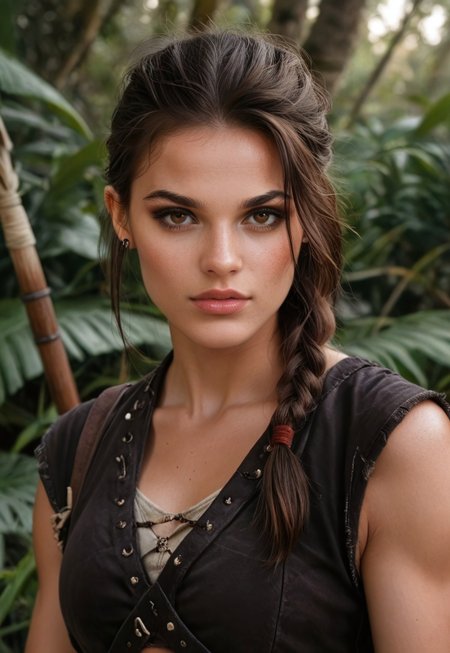 safe_pos, score_9, score_8_up, score_7_up, 1girl, solo, tribal huntress, traditional leather armor, ancient spear, braided dark hair, realistic, cinematic angle, cinematic lighting, muscular body, fierce face, piercing brown eyes, hunting pose BREAK stalking prey in a lush jungle BREAK source_tribal_art, rating_explicit, expressive, full body, dynamic pose BREAK detailed beautiful background, dense jungle landscape, exotic flora, wild animals, distant waterfalls, primal atmosphere <lora:Expressive_H:0.6>Expressiveh, (SimplepositiveXLv1:1.3), (((upper body, full clothed:1.85))) ((masterpiece)) (ultra realistic, 32k, masterpiece:1.2), (high detailed skin:1.1), (high quality:1.1) (((full clothed))) <lora:DandonFuga_Style_v.2_-_Pony:0.8> (8k uhd:1,4) <lora:add-detail-xl:1> <lora:Dynamic Poses:1>