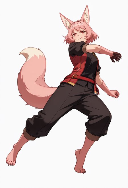 Smooth Quality,masterpiece,very intricate, high quality details, ultra realistic, high detailed skin,detailed enviorement,absurdres,
simple background, white background, dancing, solo,from below,
 <lora:Til_CNR:0.8> til_cnr, 1girl,pink hair, short hair, bangs, red eyes, animal ears, fox ears, animal ear fluff, fox tail, furry female, animal hands, claws, black shirt,open jacket,puffy short sleeves,black pants, belt,barefoot,, v-shaped eyebrows,, :q,