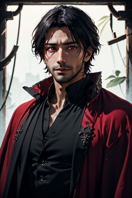 Master piece, highest quality, highest possible OverallDetail, semirealistic, red eyes,
Create an elder of a demonic sect.
The character looks like he is in his late twenties or early thirties. He is handsome.
He has black shoulder-length shaggy hair. 
His outer robe is black and the inner robe is dark red. 
His eyes are dark red. Detailed face. Red robe.
He meditates in nature.
perfecteyes eyes