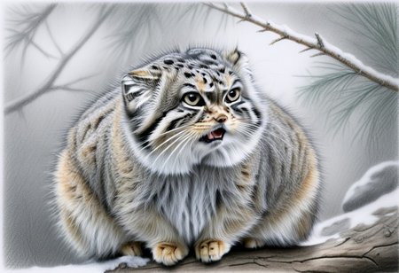 a closeup head shot of an annoyed manul on a branch, Otocolobus manul, looking at viewer, angry, mouth open, background of pines and fir, dead bush, few snowy rocks, snow, light snowfall, tree trunks, Jed-Pen