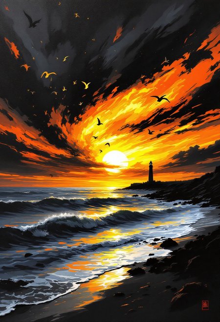 A captivating seascape painting featuring an awe-inspiring sunset. The sky is painted in a fiery blend of orange, yellow, and black hues, with streaks of light radiating from the setting sun. The sea below mirrors the vibrant colors, creating a stunning contrast as gentle waves crash onto the shore. Soaring above are silhouettes of birds, possibly seagulls, their dark forms contrasting against the vivid backdrop. In the distance, a lighthouse stands tall, providing a beacon of hope and guidance amidst the breathtaking landscape., cinematic, painting