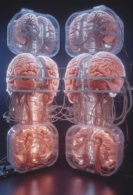crt style tvs sets multiple human brains emerging from 5 women glowing massive amounts of intestines and cables woven together inside multiple modern television sets in technology warehouse