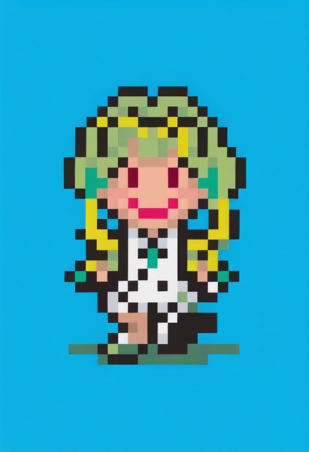 score_9, score_8_up, score_7_up, source_anime, 1girl, smile, <lora:EarthboundSpriteStyle-pdxl:1> pixel art, full body, standing, chibi, looking at viewer, blue background, <lora:Ringo-pdxl_Fp:1> ringosh2, short hair with long locks, green hair, multicolored hair, red eyes, hairband, white vest, white shorts, gloves, necktie, shirt, body markings, sleeveless, collared shirt, jacket, cropped jacket, fur trim