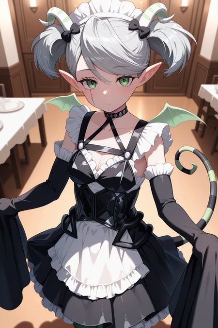 1girl,
AriannaTheLabrynthServantYu-Gi-Oh,
general, solo, pov dating, perspective, upper body,
green horns, grey hair, short twintails, green eyes, eyelashes,
pointy ears, wings, tail, green tail,
maid, hair bow, maid headdress,
black choker, black corset, frilled dress,
detached sleeves, very long sleeves, sleeves past fingers,
maid apron, skirt, spikes,
green pantyhose, asymmetrical legwear,
dating, looking at viewer, curtsey,
indoors, white theme,
<lora:kp_AriannaTheLabrynthServantYu-Gi-OhIllustrious_v1_0:1.0>,
masterpiece, best quality, amazing quality