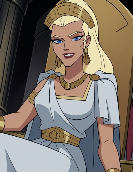 score_9, score_8_up, score_7_up, source_anime,
hippolyta, <lora:hippolyta-dcau-ponyxl-lora-nochekaiser:1>,
hippolyta, long hair, blue eyes, blonde hair, makeup, lipstick,
dress, jewelry, earrings, cape, white dress, necklace, crown, tiara,
indoors, throne, sitting, smile,
cowboy shot, looking at viewer, solo, dutch angle,