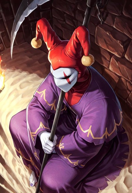 score_9,score_8,score_7,source_furry, (masterpiece, best quality, high quality:1.2), detailed hands,character focus, detailed skins, body blush, cinematic shadow, character focus, ultra detailed background, <solo:1.5>, <1boy:1.5>, (anime:3.5), (official:3.5), (dynamic sitting:1.8),
chariotsaga, 1boy, solo, male focus,  from above,
jester, red headwear, looking at viewer, white skin, jester cap, pom pom (clothes), (faceless mask:1.2), facepaint, hat, robe, purple robe, torn robes, long sleeves, wide sleeves, barefoot, light gray color nails, holding, scythe, weapon, holding scythe, holding weapon,  
ancient ruin background, indoor, dark orange stone wide rooms, torch wall, darkness, sand, desert,