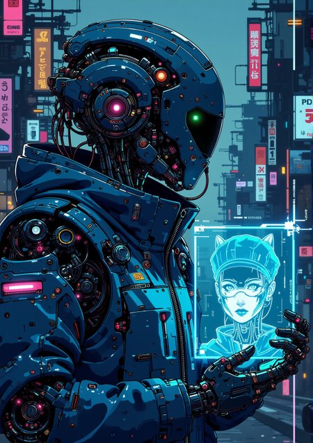 <lora:ck-nc-pastel-cyberpunk:1.0> A digital artwork in the style of cknc, a cyborg police officer is holding a glowing hologram that shows a portrait of a thief
<lora:CPA:0.4>