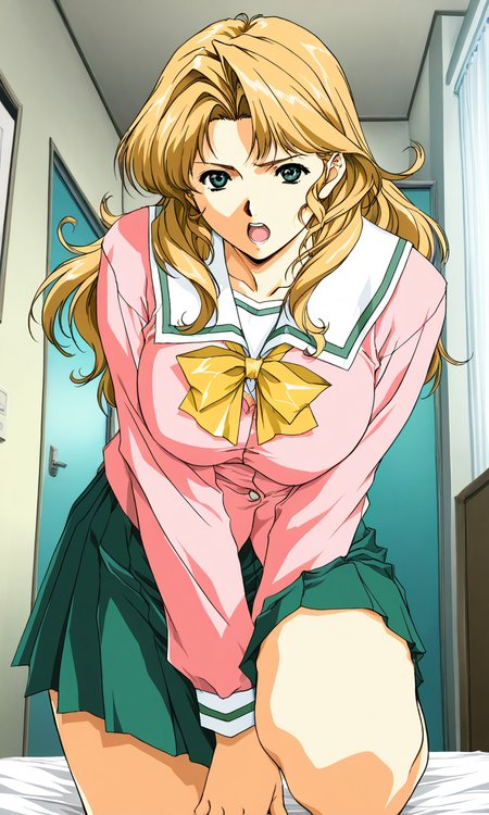 masterpiece, best quality, good quality, <lora:Maejima_Kaori_IS:1> 
Maejima_Kaori,1girl, long hair, blonde hair,green eyes, large breasts, pink jacket, Yellow bow, 
 horibe hiderou style,
slant eyes,
open mouth,
solo, school uniform, green skirt, serafuku, long sleeves, pleated skirt, bow, looking at viewer, shirt,
apartment house, room.