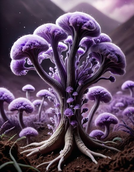 Sci-Fi, Fungus, Depressing, Lavender hue, made out of ral-vcnafbrc <lora:ral-vcnafbrc-sdxl:0.85>, epic composition, fine detail, dynamic cinematic color, full color, delicate, intricate detail, magical composition, quality, epic