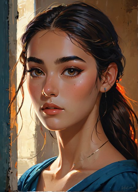 impactful paint of a young greek woman, from the side, looking at viewer, serene satiated expression, natural rim lighting, vibrant colors, reflections in eyes, <lora:The_Pulp_Session:0.8>,