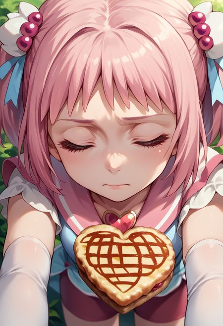 score_9, score_8_up, score_7_up, source_anime,
kiramekimamika, POV, closed eyes, bike shorts under skirt, elbow gloves, heart brooch, closed mouth, heart, hair ribbon, close-up, food