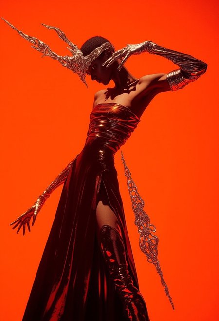 This high-fashion photograph captures a striking, dynamic pose from a model set against a bold orange background, which enhances the contrasts within the image. The model, a slender woman with a toned physique, is dressed in a form-fitting, sleeveless, deep crimson dress that cascades elegantly to the floor, its unique design featuring a high slit along the leg. She wears long, silver opera gloves that extend beyond her elbows, lending a sense of modern sophistication to the overall look. Her hair is styled in an intricate, sculptural updo, with some wisps framing her face, and she wears a matching silver headband that ties the ensemble together. Her pose is fluid and bold, with her right arm extended upward and her left arm bent in a powerful, confident gesture, creating an interplay of grace and strength. The shadows and light play across her form, casting dramatic, elongated silhouettes against the vibrant orange background. The composition is minimalist, focusing on the model's elegance, with the striking contrast of her crimson dress against the orange backdrop amplifying her commanding presence. This fashion photograph highlights the perfect balance of modern edge and timeless beauty.