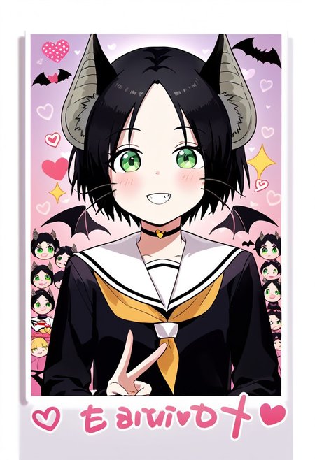 score_9, score_8_up, score_7_up, score_6_up, score_5_up, score_4_up,, 1girl, solo, original anime, Chii Suimori, bat girl, short hair, black hair, bat ears, fluff on ears, bald forehead, flat chest(green eyes: 1.1),
serafuku, urple shirt,  Sailor collar, White Sailor collar, Long sleeves,
<lora:purikura-ponyxl-lora-nochekaiser:1> purikura, looking at viewer, blush, smile, teeth, heart, sparkle, white border, drawn hearts, drawn whiskers, drawn ears, drawn horns, face filter, drawn wings, drawn tail, peace sign, photo (object), solo, cowboy shot, dutch angle,, ,