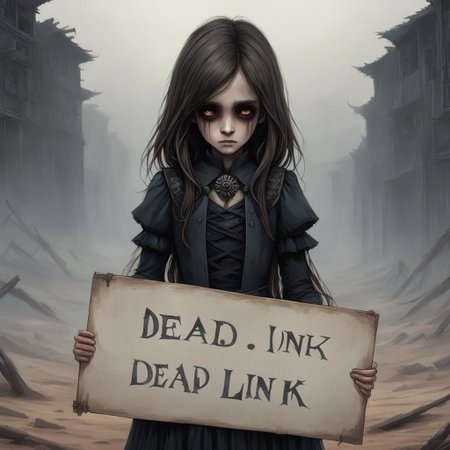 (((Ultra detailed, Megapixel))) 1girl, (((holding out a sign with a text "DEAD*LINK"))), by charlie bowater and dan mumford and trevor Brown, hands, terror, gloomy, dark, blank face, no face, wasteland background, no mouth, no eyes, long hair