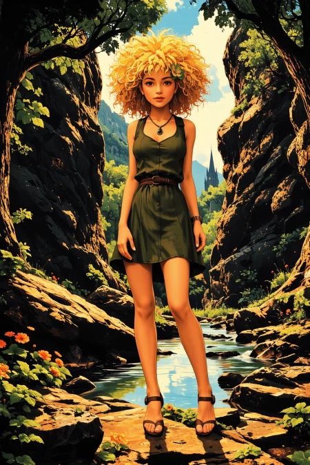 afro yellow hair (young woman), (druid:1.2), anime, illustration, (extremely detailed), (portrait), (standing:1.2), (happy smile), flower in hair, glossy lipstick, celtic necklace, oval earrings, loincloth, (sandals),  Olive Green (druid short dress), (legs), heels, (sharp focus),  fantasy, (beautiful celtic landscape:0.9), (small rock:0.9), (moss:0.4), (ripples, reflections:0.8), celtic  castle, (small river small pond:0.5), druid forest, (druid village:1.2), (stunning nature environment:0.8), (enchanted land:0.5), clovers, (Bright Orange flowers:0.9), leaves,bright (sunny sky), (sunset:0.3), best quality, colorful, wet floor, raytracing, hdr, high contrast, ethereal natural lights, backlight, (lens flare:0.4), shadows, (vibrant colors, colorful):0.6, pretty, beautiful, happy, smiling, feminine, sexy, lovely, in love, adorable, fashion,  <lora:Hand v2:1> <lora:Anti-Blur:1><lora:Insane Detail Slider:0.5>  <lora:flux.1_lora_flyway_Epic-detail_v2:0.3><lora:fluxenhancer:0.5> <lora:RetroAnimeFluxV1:0.4> <lora:Luminous_Shadowscape:0.4>