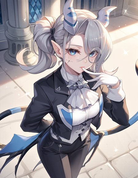 (score_9:0.9),score_8_up,score_7_up,rating_safe,(zPDXL3),(zPDXL),
masterpiece,intricate details,anime,4k,best quality,anime style,
<lora:arias the labrynth butler PonyXL v1:0.82>,
arias the labrynth butler,butler,monocle,solo,1girl,white gloves,looking at viewer,arm behind back,black pants,demon girl,white shirt,finger to mouth,white ascot,black tailcoat,from above,demon tail,pocket watch,scar,silver castle,