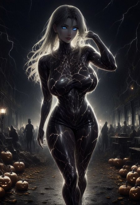 sexy female, milf, score_9, score_8_up, score_7_up, score_6_up, score_5_up, score_4_up, UHD, 8K, masterpiece, detailed, ultra_high_resolution, lots of detail, OverallDetailXL, detailxl, regalres, Masterpiece, 32k, photorealistic:1.4, score_9, score_8_up, score_7_up, Caitlin, HANDS BEHIND THE HEAD, HANDS HIDDEN, small waist, fitness body, toned muscles, wide hips, slender legs, high cheekbones, oval face, 32 years old, mature female, milf,  makeup, curvy, large breasts, pretty face, SUPERMODEL, HUGE BREASTS,  jewelry, labcoat, solo, lillybunz, skin tone style, realistic skin, only illuminated by the setting sun, golden glow, sunset, large window,colorful autumn trees outside, indoors, decorated atrium, school, school hall, many different Halloween decorations, These decorations are at least , jack-o'-lantern, pumpkin lantern, spiderweb, skull, devil head, skeleton, ghosts, large fake spider, bat, bats, supermodel, seductive smile, sultry, serious stare, stern look, close-up, bend forward, natural skin, long hair, massive breasts, sexy posture, belt, white skirt, short skirt, blue eyes, blue sash, decorations, horror scene, horror scene, dark, glowing eyes, mad-lgthng, lightning.