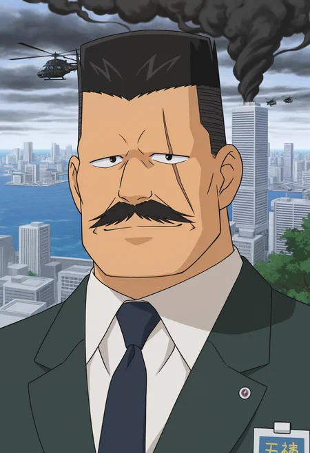1boy, dust cloud, (portrait:1.7), standing, looking at viewer, light smile,
BREAK
<lora:Kiyonaga_Matsumoto_from_Detective_Conan_v1.1:1> (plump:1.2),
kiyonagamatsumoto, mature male, black hair, no eyebrows, flattop, thick mustache, forked mustache, scar across eye, anime screenshot,
BREAK
dark green suit, collared shirt, white shirt, dark blue necktie, black footwear, id card, badge, wristwatch, lapel pin,
BREAK
(ocean:1.2), city, cityscape, day, smoke, explosion, skyscraper, attack helicopter, tree, dappled sunlight, dark clouds, tornado,
BREAK
very awa, masterpiece, best quality, absurdres, newest, perfect quality, detailed background, intricate details,
