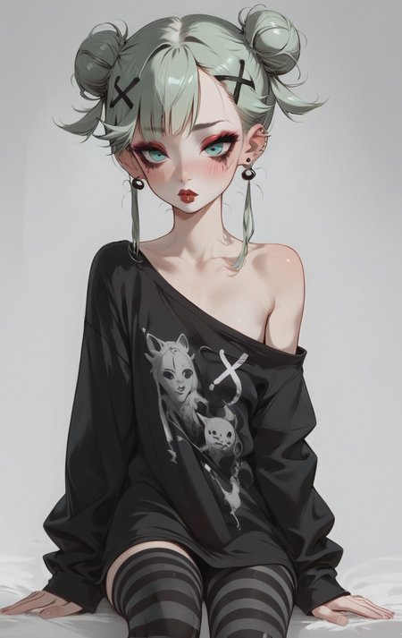 score_9, score_8_up, score_7_up, 1girl, aqua eyes, pale skin, puffy lips, makeup, eye contact, hairclip, light green hair, very short hair, hair up, double bun, hair flaps, asymmetrical bangs, long bangs,  x hair ornament, dark red lips, red eyeshadow, mascara, eyeliner,  stud earrings, piercing, blush, flat chest, black t-shirt, oversized shirt, oversized clothes, open shoulders, no sleeves, black leggings, striped leggings, <lora:easynegative:1> <lora:Expressive_H:1> <lora:Concept Art Eclipse Style LoRA_Pony XL v6:1> <lora:ph1lt0m4t0XLP:0.4> ph1lt0m4t0 <lora:OldAnimeStyle_XL_v3:0.4> <lora:princess_xl_v2:0.3>