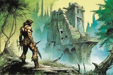 wide angle view of a ruined city in the forest, close up of a lone warrior standing near a river  <lora:Fantasy_art_XL_V1:0.75> stunning fantasy art by neal adams