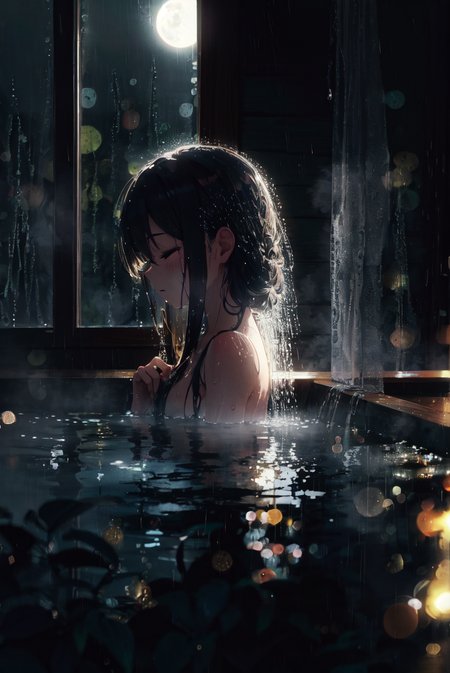 1girl, in winter, rain, night, moon, water, droplets, soaking, smooth skin, wet skin, wet hair, foggy, window, taking a shower, steam, swirling mist, depth of field, vignette, highly detailed, bokeh, moody, epic, gorgeous, upper body, nude, head tilted back, closed eyes, from side,