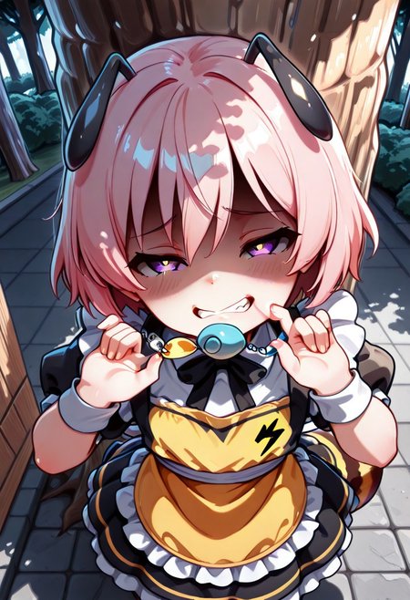 masterpiece, BEST QUALITY, solo, age down,
short body, short hair, round face,
short limb,
looking up,
tilted head,
under tree,
shadows from tree canopy on her,
sunny day,
CivChan, purple eyes, pink hair, arranged maid outfit,
flat breasts, park, from above, shaded face, (smug:1.2), head tilt,
open eyes,
Bee girl mixture costume,
bee tail. (bee wing:1.3),
yellow and black stripe apron
cpbt
folded elbow,
1 yellow oval crime prevention buzzer holding at her mouth,
pulling gesture,
(pinching strap of buzzer:1.5)
clenched teeth,
(1tongue out:0.6),
tongue below 
unholy-aesthetic
BREAK
2.5D REALISTIC
ABSURDRES
AMAZING QUALITY
BALANCED HISTGRAM on subject
CONTRAPPOSTO
LOW-KEY HISTGRAM ON BG
NEWEST
PERSPECTIVE
SOLO FOCUS
ULTRA DETAILED EYES, EYE HIGHLIGHTS
ULTRA DETAILED FACE
VERY AESTHETIC
very awa
(simple large speech bubble at corner of the top:1.4)
 asking for buzz with a speech bubble, speech bubble that says "buzz"
handslora
(A BLACK lightning symbol printed at buzzer:1.4)