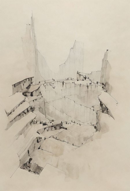 a professional hand sketch of architecture,
(POV view , DOF, first people view from the entrance, low angle shot:1.4),
(Ancient civilization, Alien Prometheus movie scene, dune movie scene:1.5), (The colonial city of the future, in the mist-filled Grand Canyon, on an unknown Earth-like planet, 2 moon on sky, Spaceship flight connects colonies, waterfulls:1.3), (Machu Picchu, a mountain settlement, incredibly spectacular:1.2), (Mario Botta:1.3), (avant-garde, future, reality, science fiction, photorealistic), (modern architecture:1.2), White limestone with black granite, fountain, waterfall, landmark, square, path, narrow street,
(Large Files, Ultra Realistic, 8K, 16k, FHD, HD, VFX, Perfect, Photography, composition, Architecture Sales Photography, Architecture Competition, Ultra High Resolution, Cinematography, High Resolution Image:1.1), (dramatic lighting, direct sunlight, ray tracing, clear shadow:1.2),  (real landscape:1.1), (blurred background:1.0), (urban background, more_details) ,
great lighting, extremely detailed, hillscastel, Neo Classic, Architecture sketch