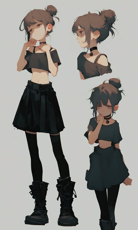 score_9, score_8_up, score_7_up, young girl, skinny, (bags under eyes:0.4), tired, hair bun, crop top, cat ear, choker, boots, skirt, oversized clothes, hand on own chin, black legwear, clenched hand, multiple views, standing