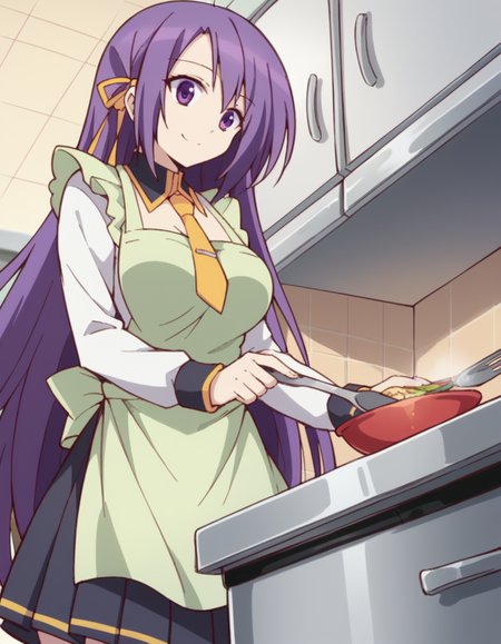 score_9, score_8_up, score_7_up, source_anime, <lora:fianna-ray-ordesia-s1-ponyxl-lora-nochekaiser:1>, fianna ray ordesia, long hair, large breasts, very long hair, ribbon, purple eyes, hair ribbon, purple hair,, skirt, thighhighs, school uniform, necktie, long sleeves, black skirt, pleated skirt, kitchen, cooking, apron, cutting vegetables, home cooking, smile, , from below, solo,, cowboy shot, dutch angle