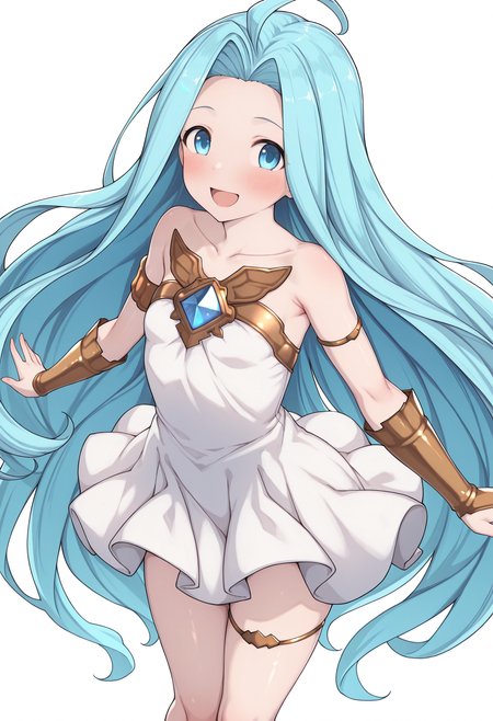 highres, best quality, masterpiece,
1girl, solo, lyria \(granblue fantasy\), 
strapless dress, thighlet, armlet,
looking at viewer, blush, smile, open mouth,
standing, spread arms, 
<lora:_pechimaru-sty-elesico-ilxl-29:1>