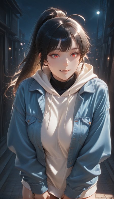 <lora:LCMTurboMix_Euler_A_fix:1> <lora:example_SDXL:0.3>, EZRealPONYXL, <lora:Dramatic Lighting Slider:3> <lora:realistic filter [IL]:1>
DSLR,realistic,cosplay photo, (very awa,masterpiece,best quality,year 2024,newest,absurdres,highres:1), realistic,skin texture,facial features, photography shot with Canon EOS 5D Mark IV , realistic, RAW, best quality, masterpiece, amazing quality, skin details,
1girl, highly detailed beautiful face, large natural breasts,
detailed background, shiny skin, dutch angle, night, moonlight,
beautiful detailed eyes, intricate details, absurdres, anime screencap,
 <lora:YoakenoNanashi_Vtuber_kill0825:1>
VTNanashi, long hair, black hair, red eyes, fang, ahoge, sidelocks,
long sleeves, jacket, ponytail, thighs, open clothes, hood, mole, open jacket, sweater, black shirt, hoodie, hood down, blue jacket, denim, white hoodie, undershirt, denim jacket, shirt, turtleneck, 
Dynamic pose,
