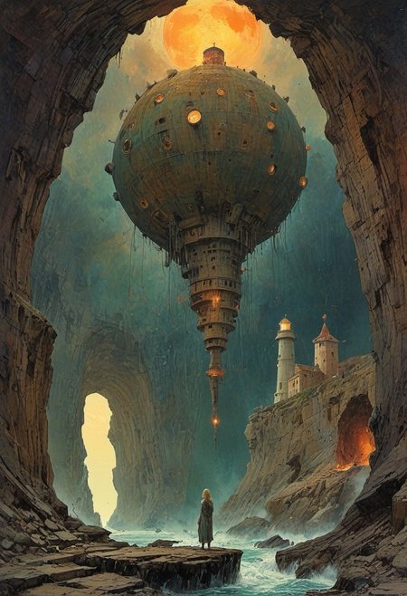 A beautiful blonde, pop art, pastel ink, sleek futuristic, outfit dress, standing in a cave, high quality fantasy art, historic rendering of an old lighthouse, square spaceship , digital artwork by Beksinski, vibrant colors include cuware and births a house,picture shows water, expansive, the moon, with strange architecture and down on a suspended mid-air jet. create a sense of detailed, abstract, trippy, 60s style, op art,  cell shaded, 8k. The composition includes overlapping circles, sharp-edged polygons, and fluid lines, all interwoven to create a sense of rhythm and flow.