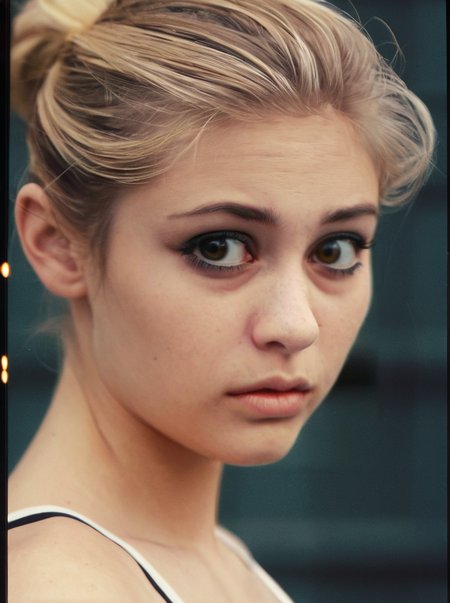 analog photograph of 1girl looking like Kristen_Sims_P_MXAI_SDXL close up shot, doubtful expression  filmgrain