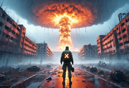 OPPENHEIMER, Scum game background, Chernobyl disaster, The nuclear power plant was destroyed after the explosion , Intercontinental ballistic missile Nuclear weapon, Russian alphabet, Apocalypse,girl,  fire,  glowing x, minimalist short outfit, anti social , escapade running, falling snow, cyberpunk ruined ancient city, intricate details,8k post production, faithful, Religious denomination, cinematic color