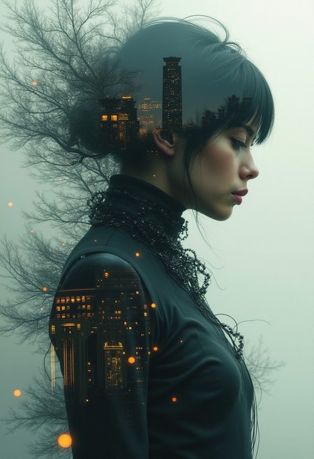 masterpiece, professional artwork, intricate details,  inspired by Jeremy Mann and Tom Bagshaw, glitch,  double exposure, fantasy theme, hologram