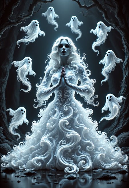 aidmafluxpro1.1, 
A pale woman is wearing a glowing dress made of ghosts. she has a pale skin, detailed blue eyes and red lipstick. She's praying to a false idol. The scene is set in a dark twisted forest where swirly ghosts are flying around here.
masterpiece, best quality