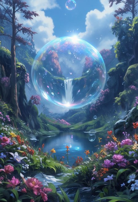 masterpiece:1.13), (extreme quality:1.0), a beautiful scenery landscape surrounding a single peaceful floating bubble, beautiful, rz88p4stl