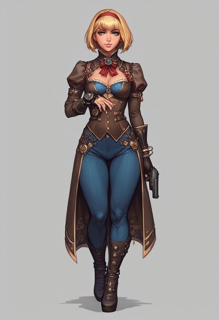 score_9, score_8_up, score_7_up, score_6_up, jsc0tt, 1girl, portrait, ((steampunk)), Alice, blonde longbob hiarstyle, side bangs, brightness blue eyes,
(((full-clothed))), ((long big steampunk pistol in hands, steampunk handgun in hands))
BREAK 
strange world background score_9, score_8_up, score_7_up, score_6_up, source_cartoon, rating_explicit, Expressiveh, (((((full body))))), dynamic pose