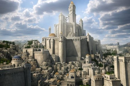 (masterpiece:1.2), (best quality,:1.2), 8k, HDR, ultra detailed, ((photorealistic)), professional light, cinematic lighting, fashion photography, ambient lighting, atmospheric effects, Numenor, an impressive fortress in a big medieval fantasy city on a mountain, high towers, high walls, <lora:Numenor-10:1>, in the style of Middle Earth, Tolkien, Minas Tirith, epiCPhoto